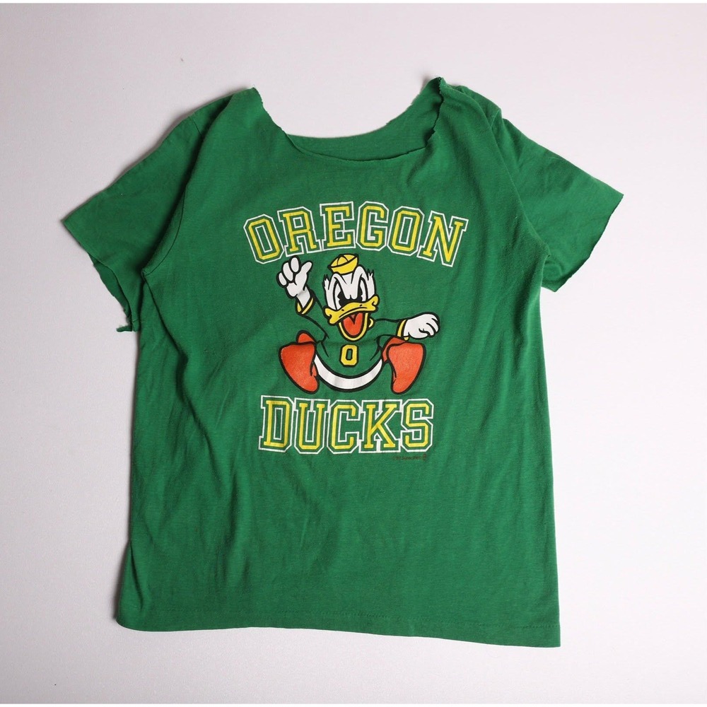 Vintage 1987 Oregon Ducks Donald Duck T-Shirt Green Raw Cut Scoop Neck XL DIY